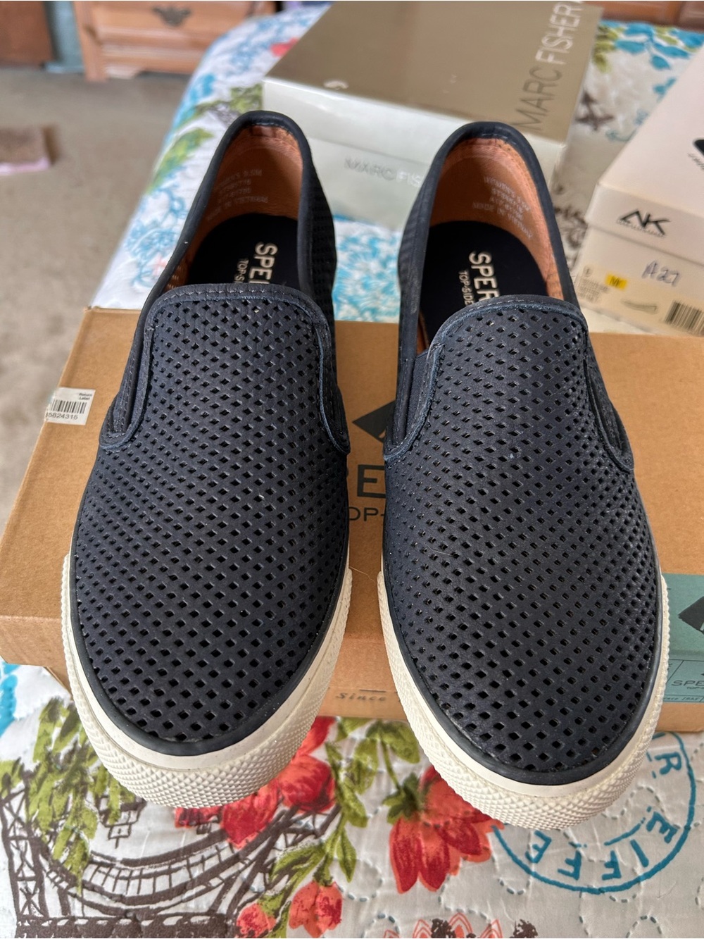 Sperry Navy Perforated Slip-On Sneakers with White Soles